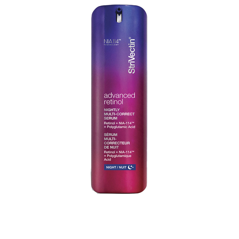 Strivectin night serum bottle in purple-to-pink gradient plastic with pump, vertical text, sleek modern design