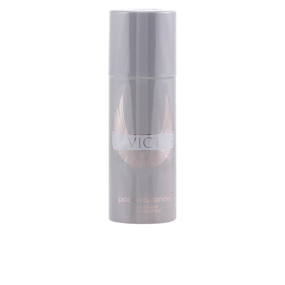 Rabanne Gray cylindrical plastic deodorant spray with wing logo, text branding and spray cap, presented simply .