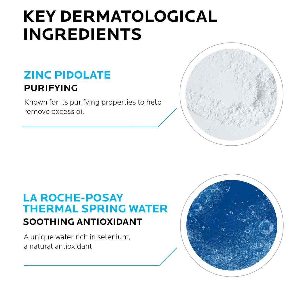White plastic tube with blue cap and rectangular logo, front-printed text and flip-top cap, la Roche Posay