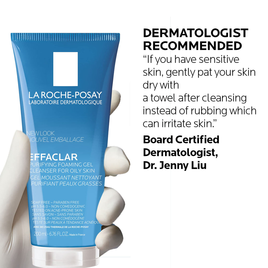 White plastic tube with blue cap and rectangular logo, front-printed text and flip-top cap, la Roche Posay
