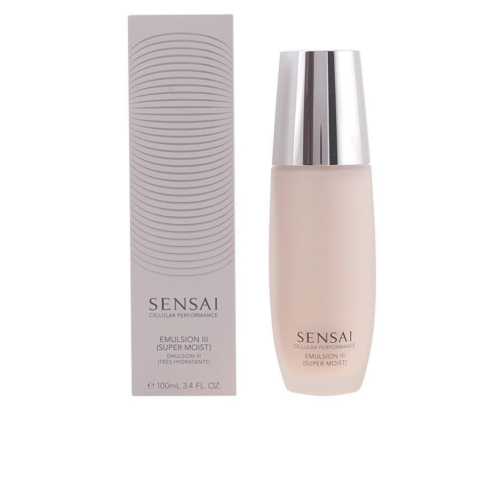 Sensai Light beige emulsion in frosted glass cylindrical bottle with silver metal cap and patterned box