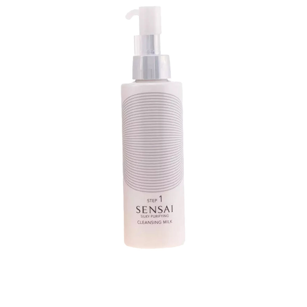 Sensai White plastic cleansing milk bottle with pump, horizontal line detailing, minimalist silhouette
