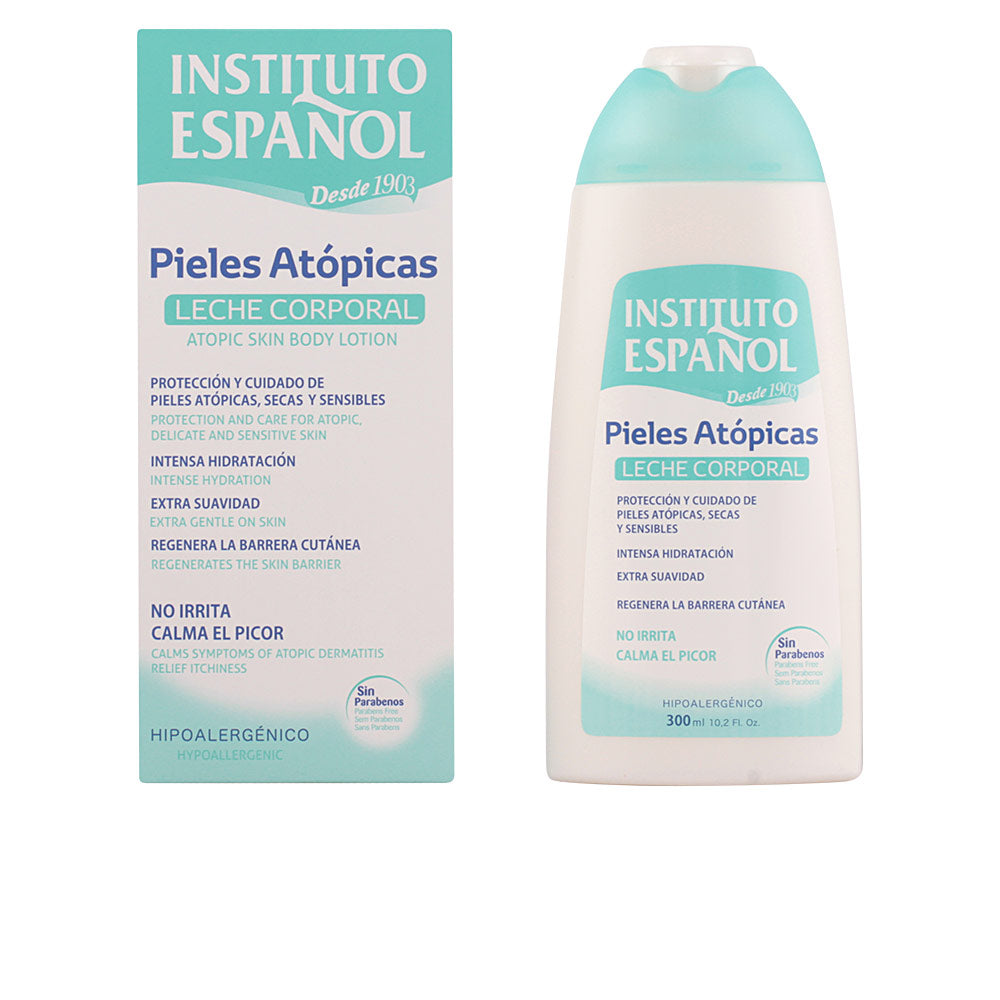 Instituto Español White and light turquoise plastic lotion bottle with flip cap beside rectangular box, clean clinical typography