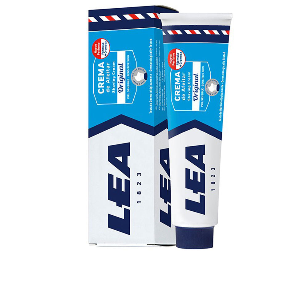 Tube of Lea Sensitive Shaving Cream with rich, white lather visible on a shaving brush