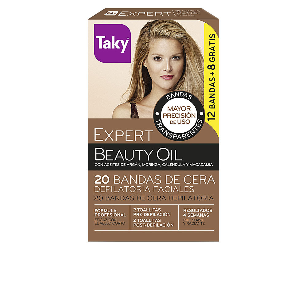 Taky Modern clean wax strips in brown, black, yellow, purple, beige on paper/cardboard sheet with woman image, text blocks, circular badge