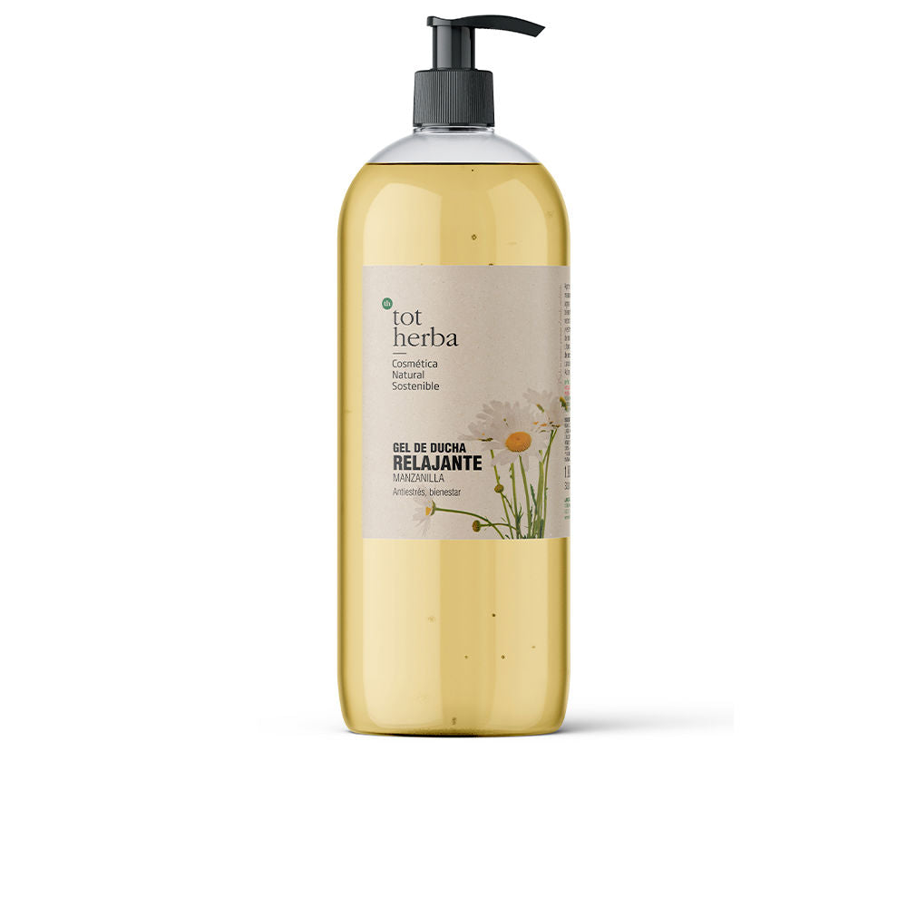 Tot Herba chamomile shower gel in plastic pump bottle, yellow liquid, black and beige label with floral illustration