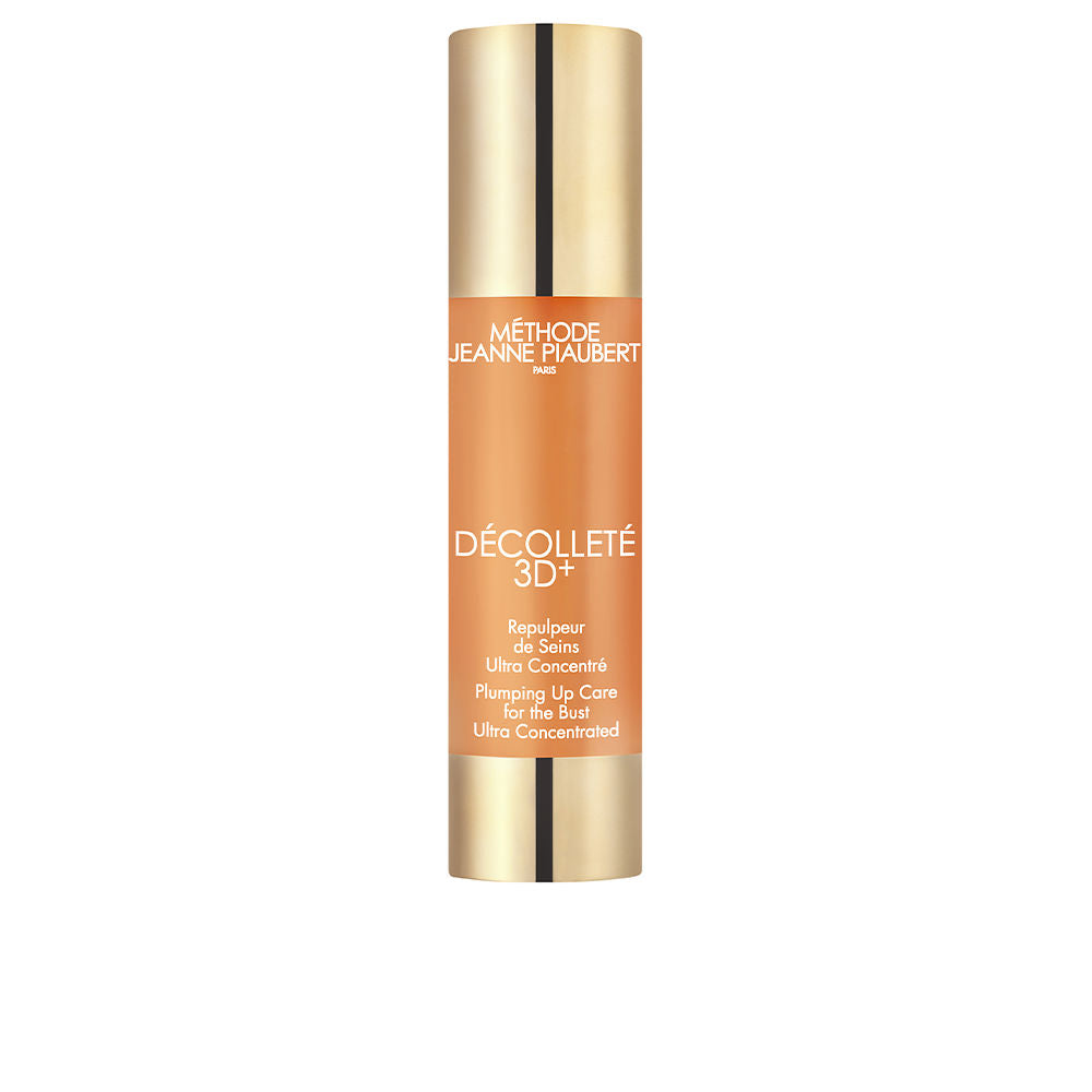 Jeanne Piaubert Gold and orange cylindrical cosmetic bottle with golden cap and base, vertical black stripes, white text