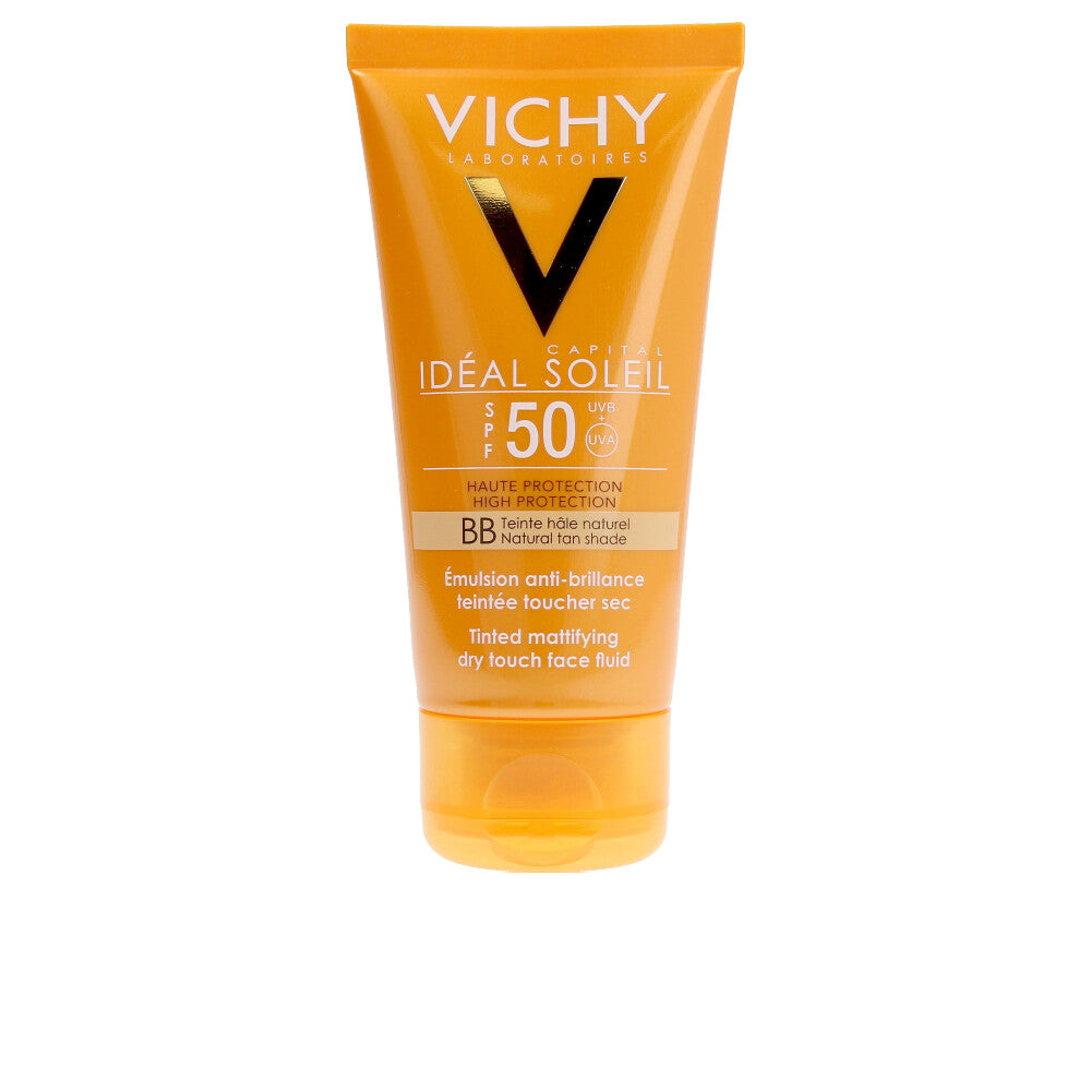 Vichy Orange plastic tube of SPF50 BB cream with flip-top cap, modern clean typography, refined sunscreen packaging