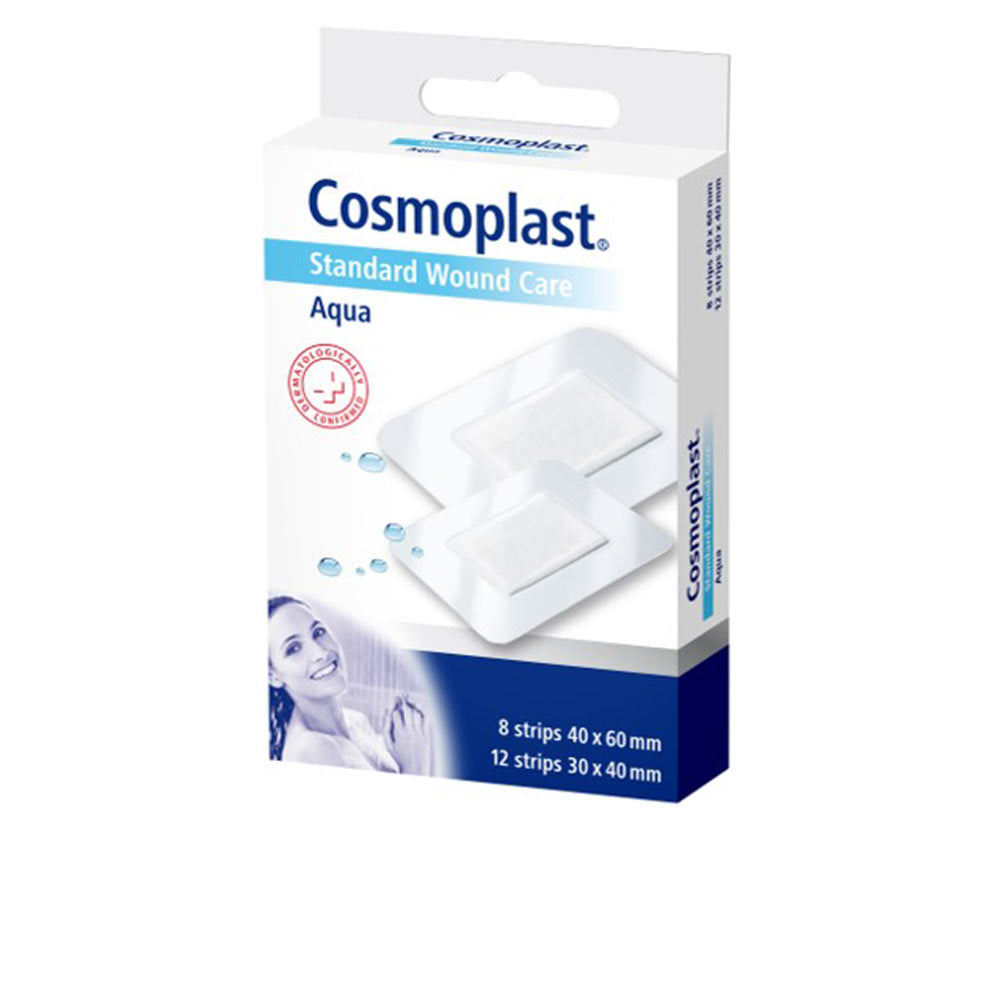 Cosmoplast White and blue waterproof wound care strips with handle cutout, water droplet illustration, smiling woman image