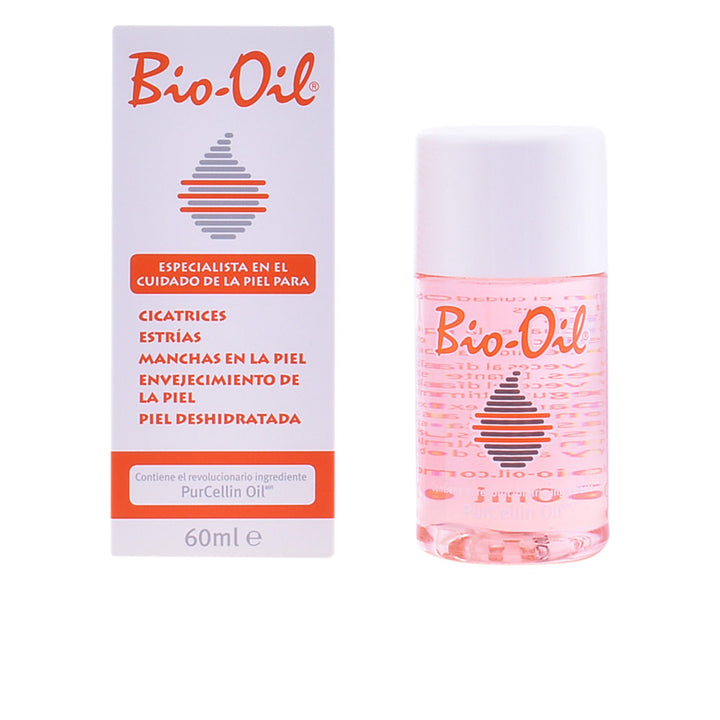 Clear amber Bio‑Oil bottle with golden oil, botanical ingredients highlighted