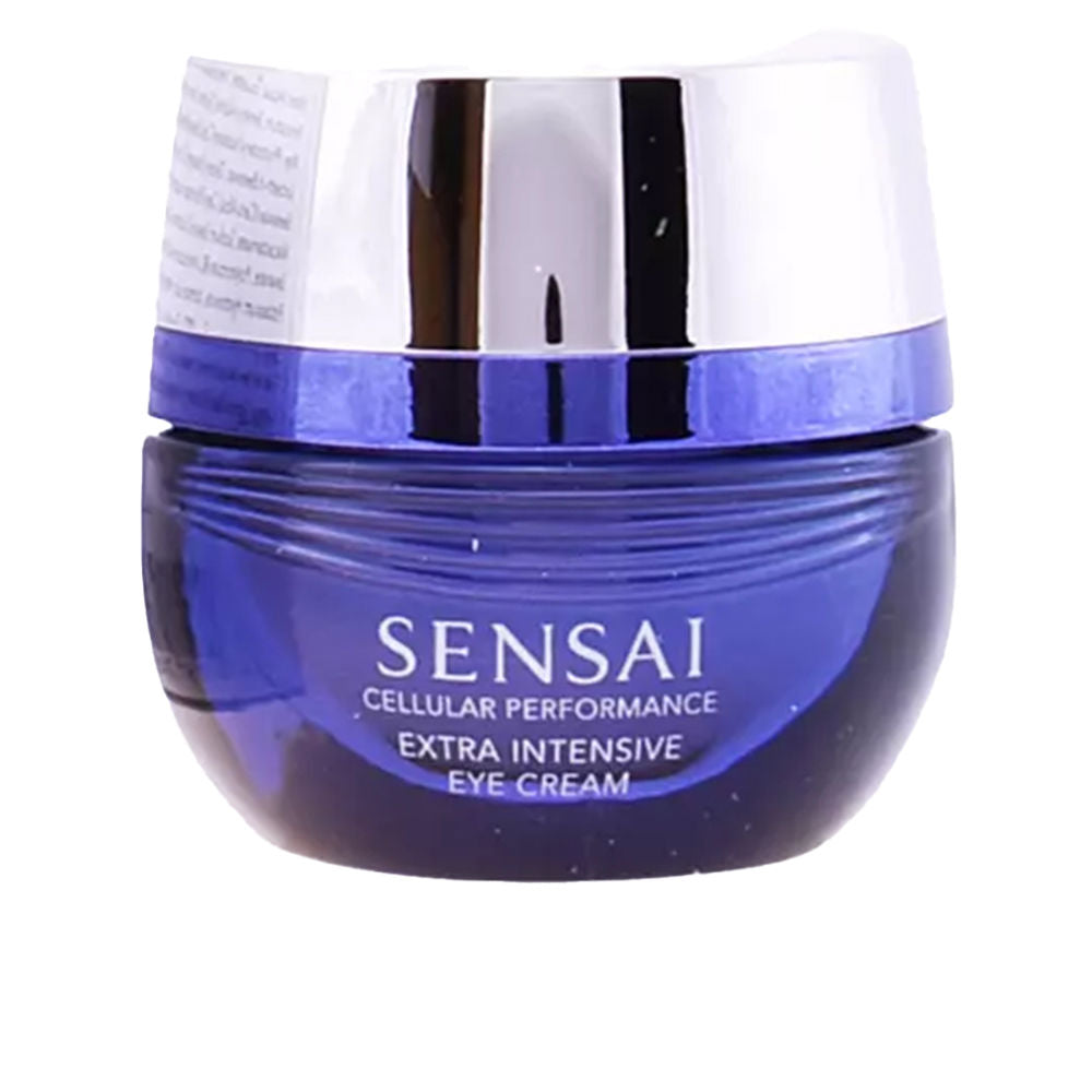 Blue and silver plastic round jar with ribbed top, reflective silver lid and printed text, Sensai.
