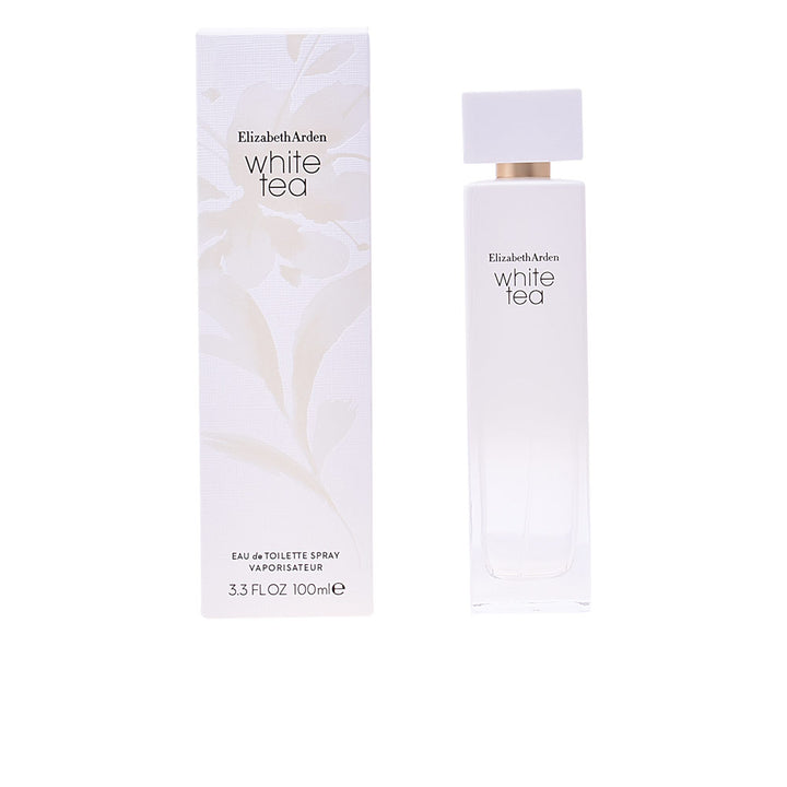 Clear glass 100 ml eau de toilette bottle with white label, subtle floral-woody theme