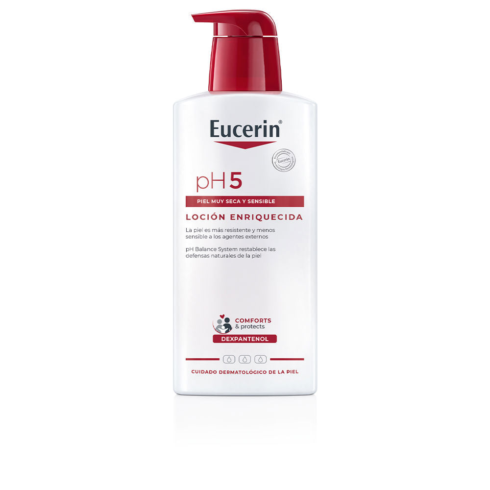 Eucerin Minimalist rectangular plastic pump bottle in white and red with front text, logo and small heart icon