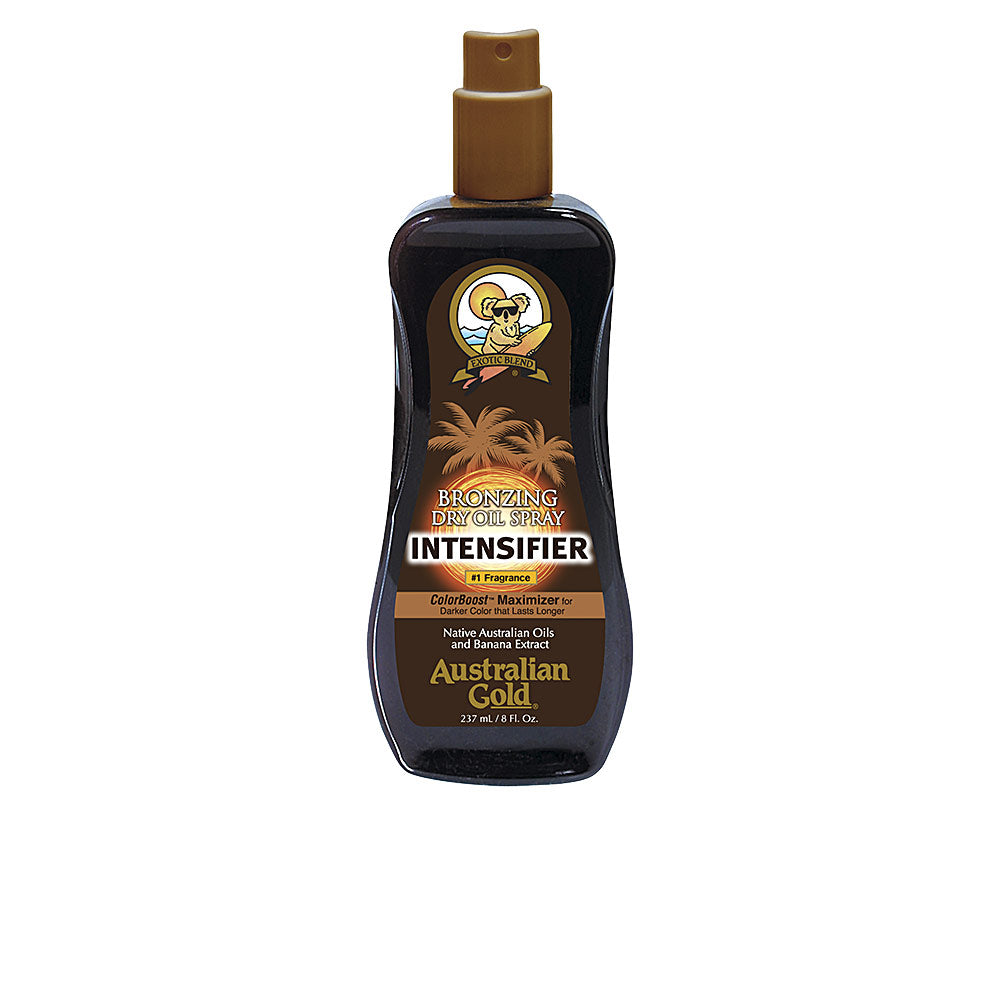 Australian Gold Brown plastic dry oil spray bottle with spray nozzle, curved shape, gold and black label featuring koala and palm trees