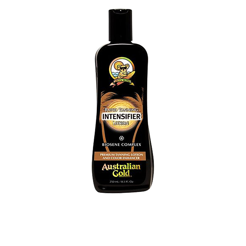 Australian Gold Black plastic lotion bottle with flip-top cap, modern label and logo, sleek sunscreen design.