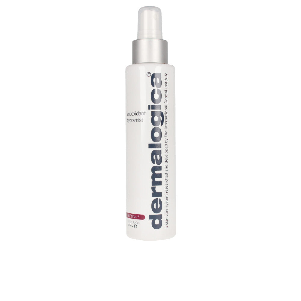 Dermalogica Matte white plastic facial mist with spray pump, vertical text, small red label, minimalist design