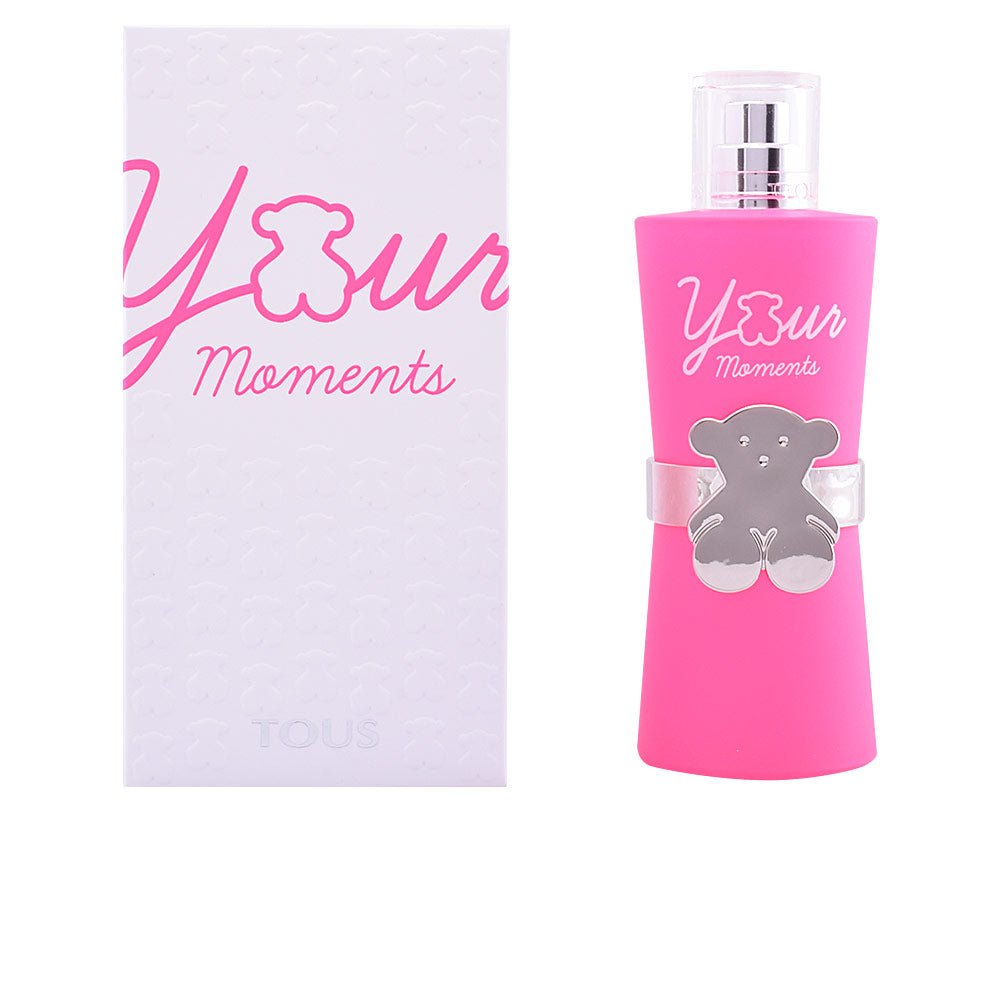 Fuchsia cylindrical perfume bottle, silver ring and bear detail, 90 ml