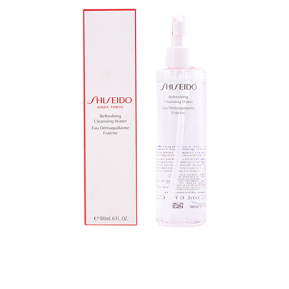 Shiseido Clear cleansing water in a minimalist plastic bottle with pump and red-accent rectangular box