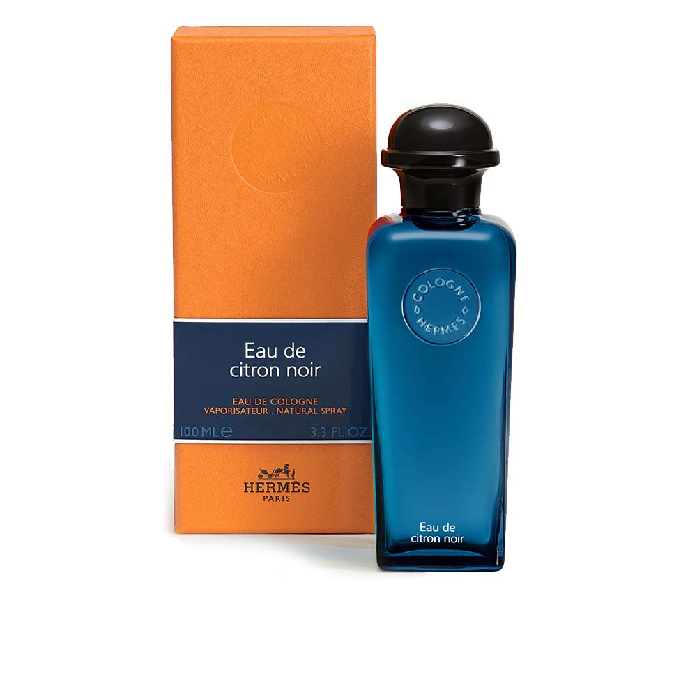 Deep-blue lantern-shaped Hermès bottle of Eau de Citron Noir with orange box