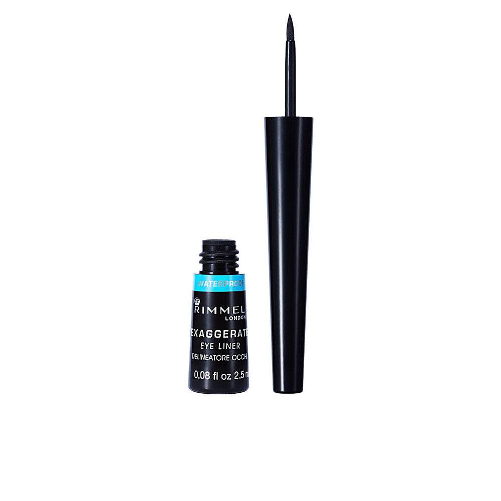 Rimmel Black plastic liquid eyeliner bottle with thin brush applicator and blue waterproof label