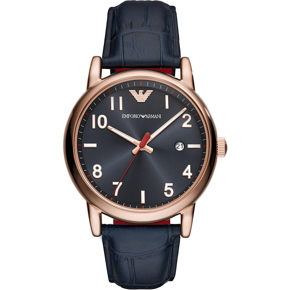 Timeless Rose Gold Elegance with Dark Blue Leather