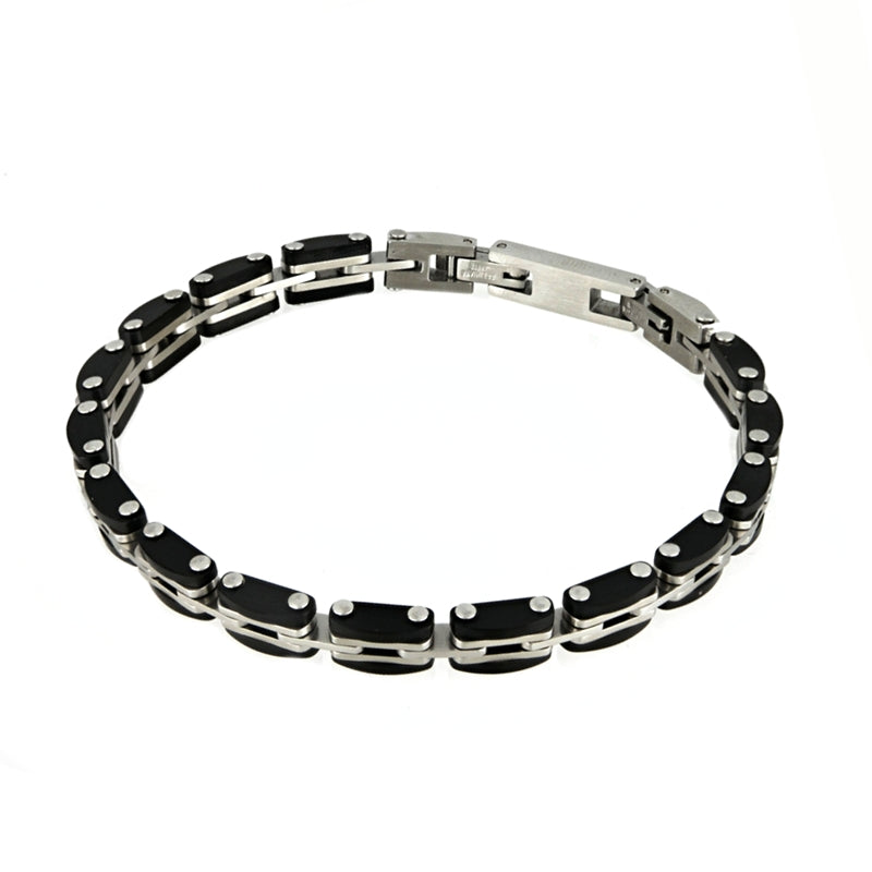 Sleek Modern Link Bracelet in Black Ceramic and Silver