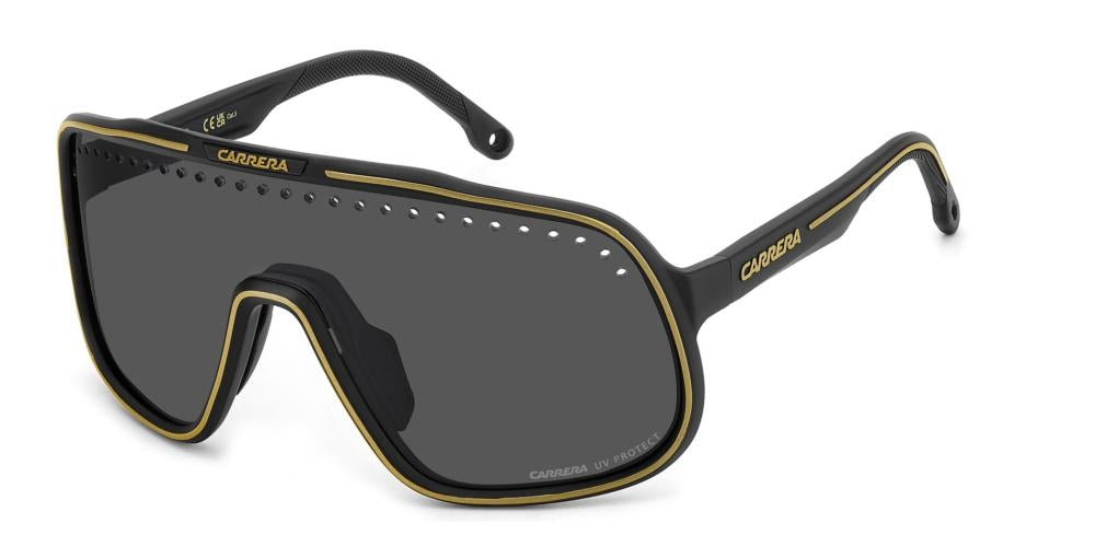 Sleek Black Shield Sunglasses with Gold Accents