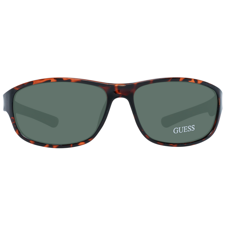Unisex tortoise shell rectangular sunglasses in plastic full-rim with dark green lenses and logo on temple