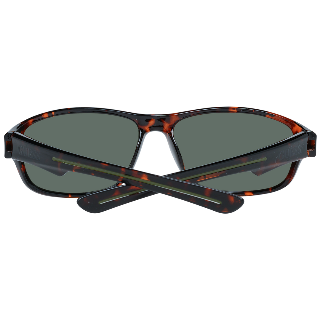 Unisex tortoise shell rectangular sunglasses in plastic full-rim with dark green lenses and logo on temple