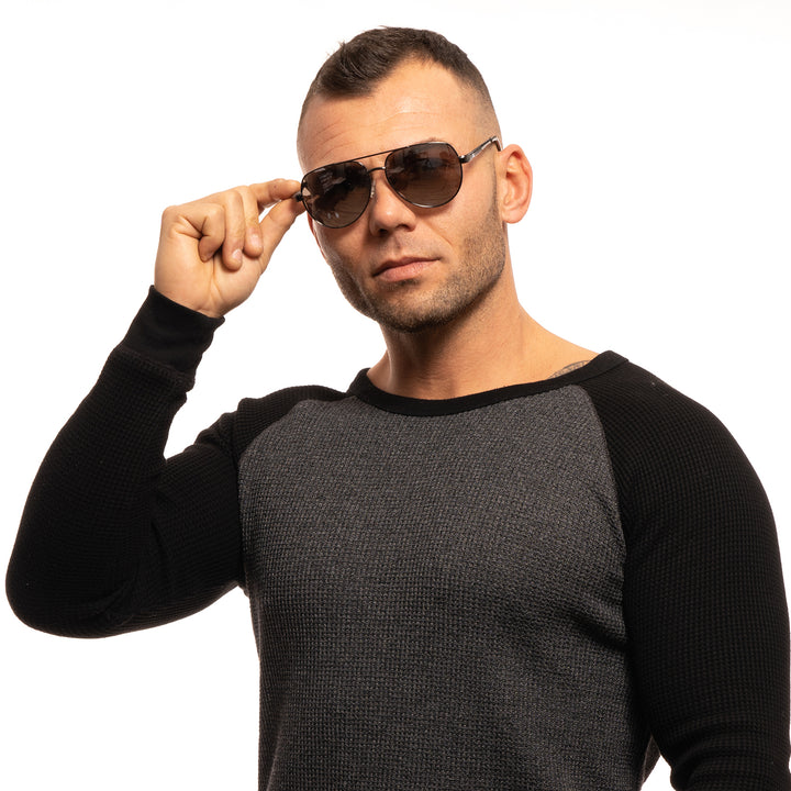 Gunmetal gray metal aviator sunglasses with double bridge and adjustable nose pads, silver finish and temple logo