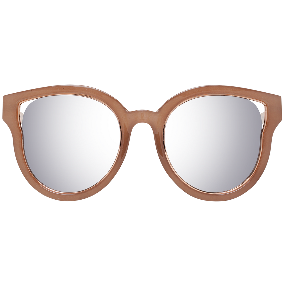 Brown and beige thick plastic round sunglasses with silver mirrored lenses on white background