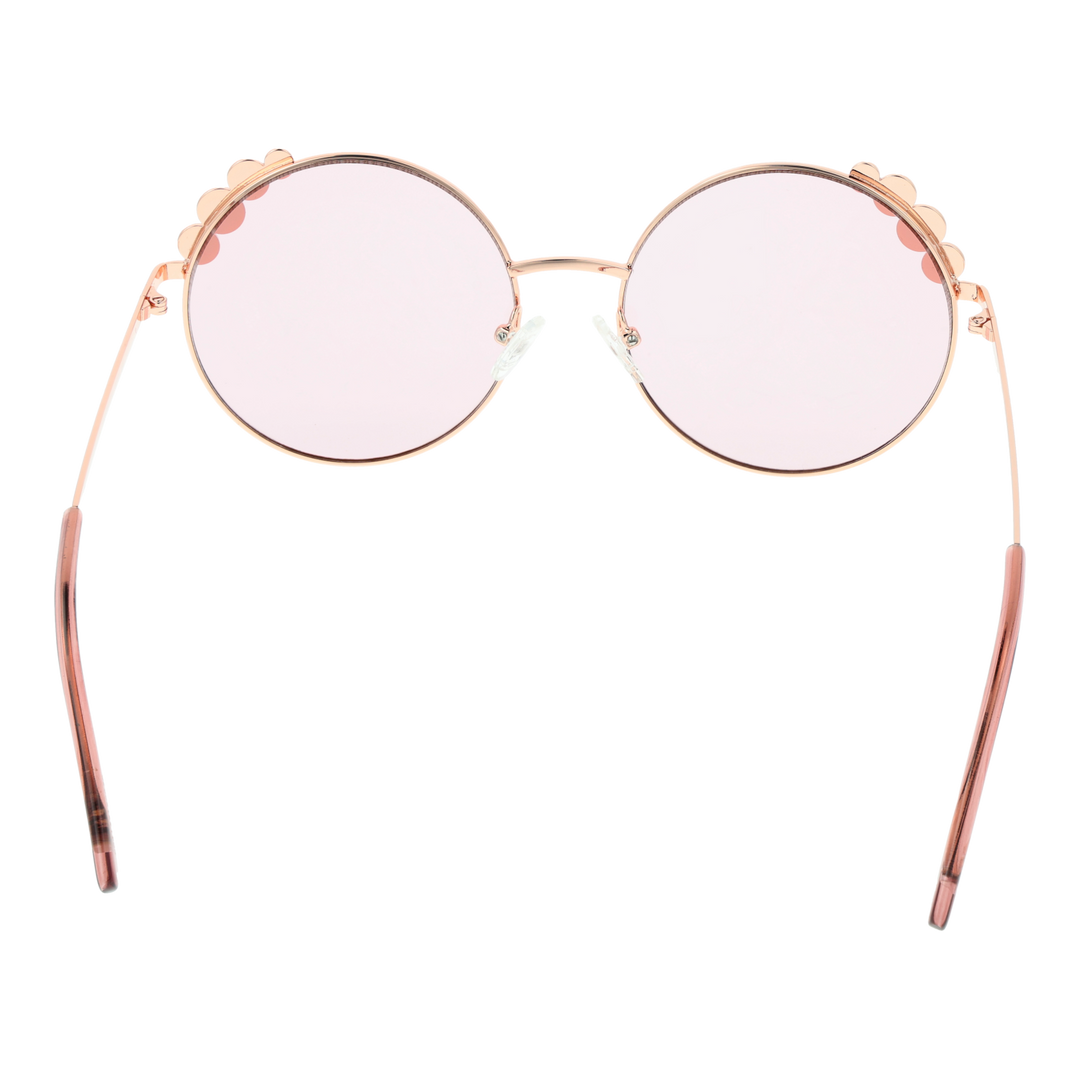 Rose gold metal round sunglasses with pink gradient lenses and pearl accents on top corners