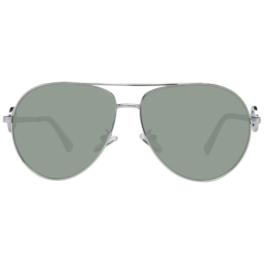 Unisex silver aviator sunglasses with green lenses, double bridge, circular temple logos, light-blue temple tips