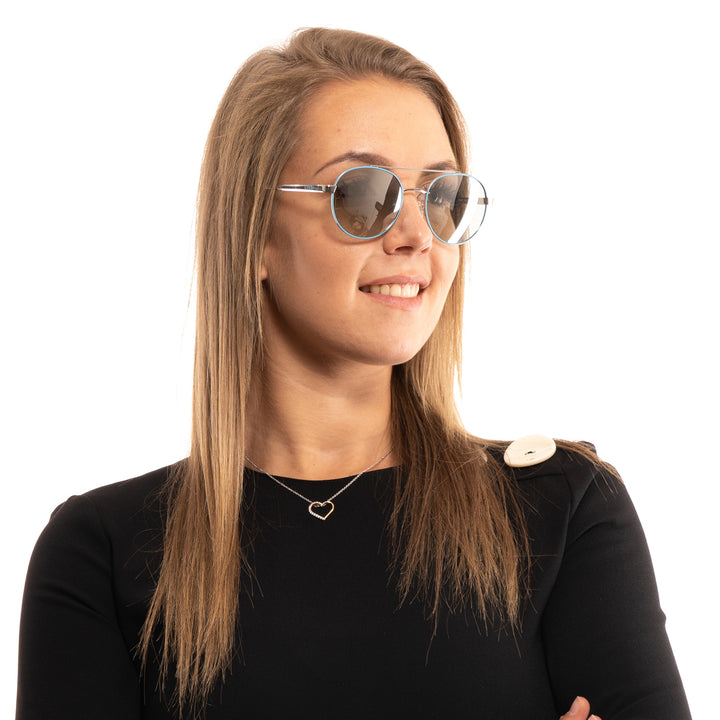 Unisex silver metal aviator eyeglasses with light-blue round lenses and double bridge on white background