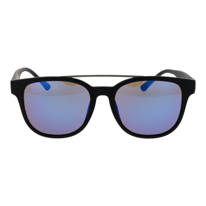 Unisex black plastic sunglasses with blue‑purple mirrored lenses and thin metal bridge, temple logo visible