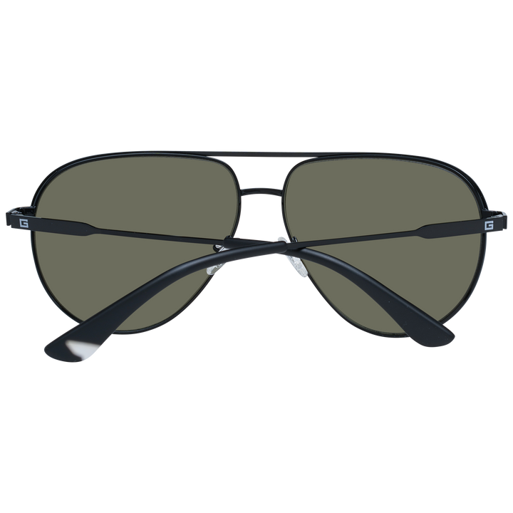 Unisex black thin metal aviator sunglasses with blue lenses and adjustable plastic nose pads on white background