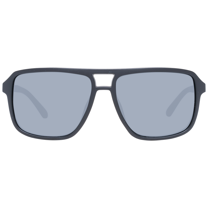 Black plastic sunglasses for Man with rectangular gray lenses and metal temple accents, double bridge