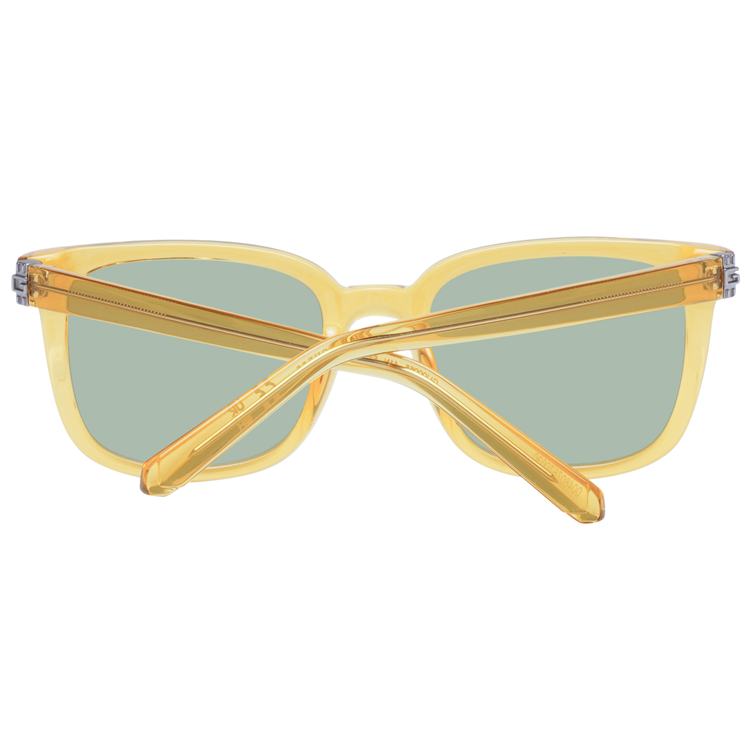 Unisex amber transparent square sunglasses with green lenses and visible metal hinge detail on sides