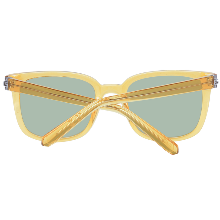 Unisex amber transparent square sunglasses with green lenses and visible metal hinge detail on sides
