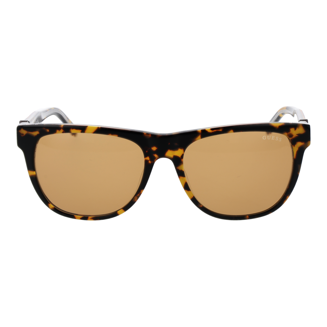 Unisex tortoiseshell rectangular sunglasses in plastic full-rim with brown lenses and logo on temples