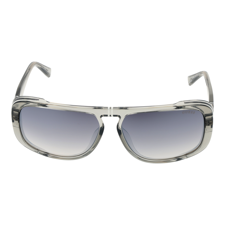 Transparent gray rectangular sunglasses with double bridge and gradient dark lenses, logo on lens and temples