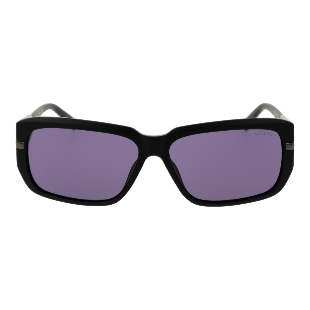 Black plastic rectangular sunglasses with purple lenses and decorative metal-accented side panels on neutral background