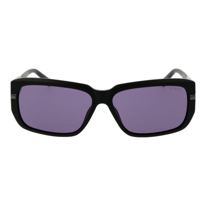 Black plastic rectangular sunglasses with purple lenses and decorative metal-accented side panels on neutral background