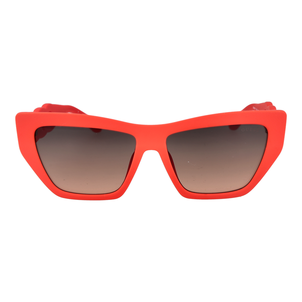 Red cat-eye sunglasses in glossy plastic with gradient lenses and gold chain-link temples, angled three-quarter view