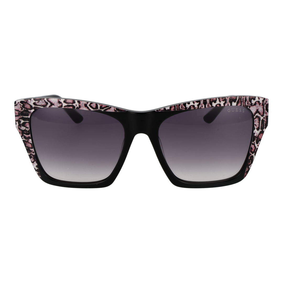 Black, pink and purple cat-eye sunglasses with animal-print edges and gradient lenses, Guess logo on temple