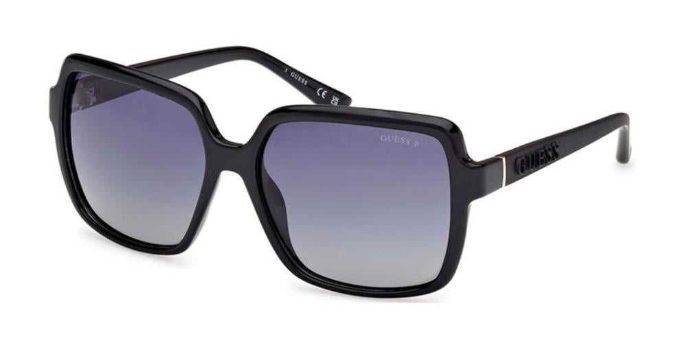 Black and red square sunglasses in plastic frame with gradient lenses and visible Guess logo on temple
