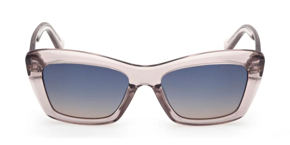 Transparent smoky gray rectangular sunglasses with blue gradient lenses and gold G temples on white background