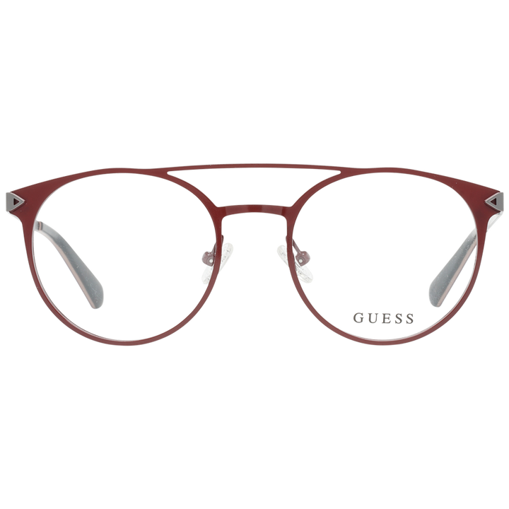 Maroon round eyeglasses in thin silver metal with double bridge and adjustable nose pads, modern Unisex frame