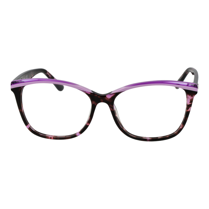 Purple, black and pink tortoiseshell cat-eye eyeglasses with metallic G logo on temple, angled three-quarter view