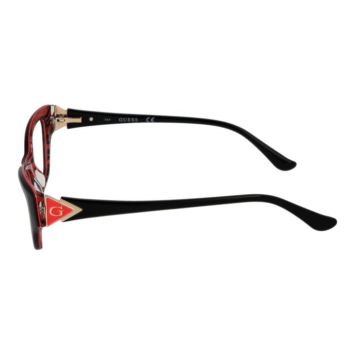 Black and red cat-eye eyeglasses in plastic with gold temples and logo emblem, front three-quarter view